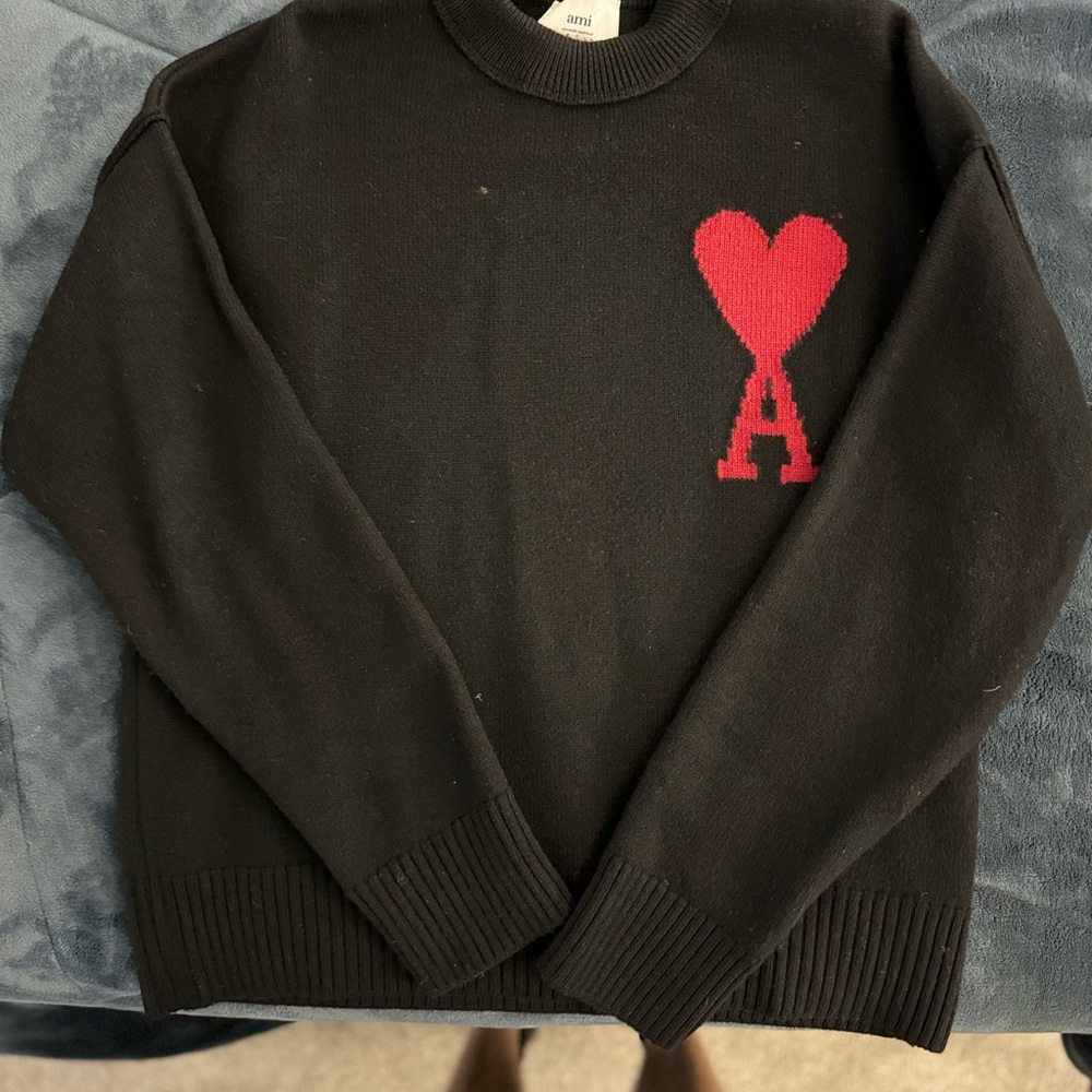 Ami Black and Red Crewneck Sweater with Heart Logo